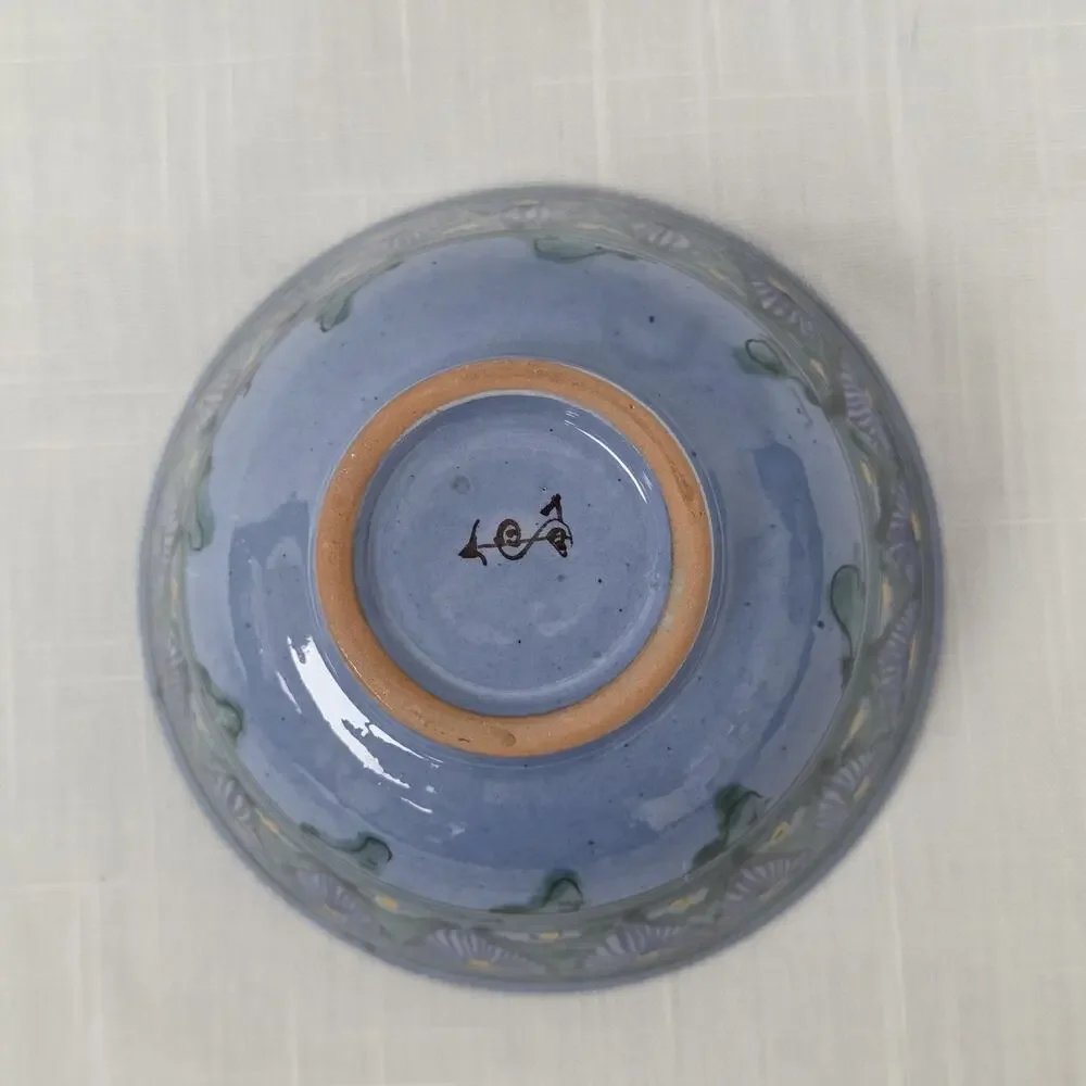 Hand Painted Blue Green Floral Art Pottery Bowl Signed 5.5